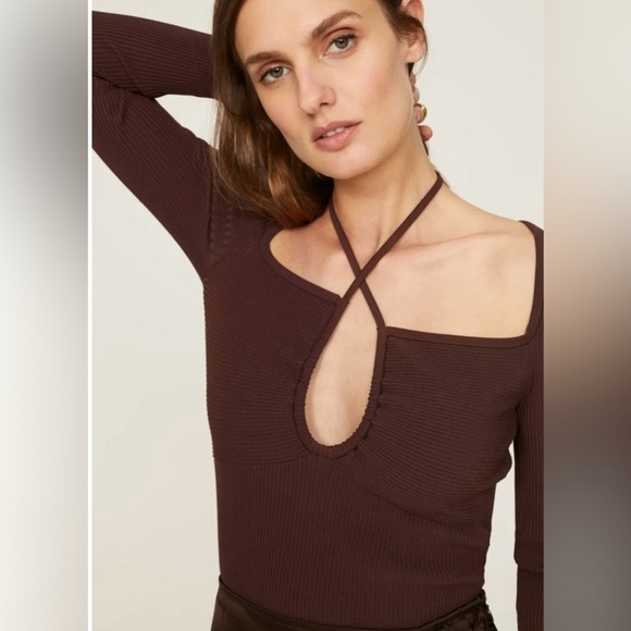 A.L.C. Tops - A.L.C. Women's Brown "Annabelle" Ribbed Knit Long Sleeve Cutout Top Size L